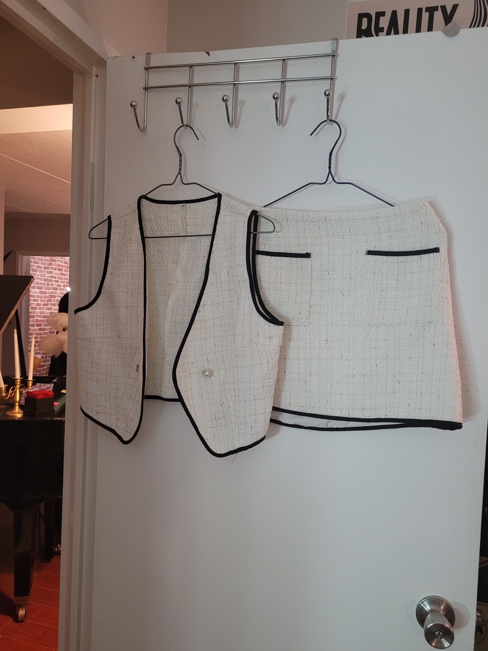 Cream Tweed Skirt and Vest Set with Black Trim